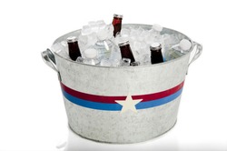 Patriotically painted metal tub with beer and water bottles