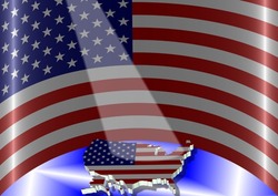 An illustration of USA flag in a semi circle position and in front of it is an outline shape of the country / USA flag