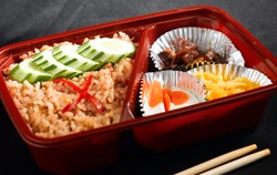 Thai fried rice pork salt egg and dessert mix and ready to eat in the lunchbox