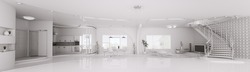 Interior design of modern white apartment living dining room kitchen panorama 3d render