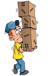Cartoon delivery man carrying a stack of boxes. Isolated on white