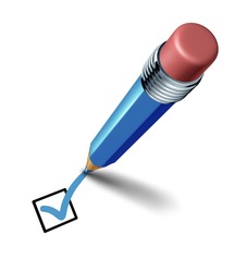 Check mark writing a blue choice and environment selection in a black box isolated on white.