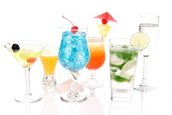 Alcoholic Cocktails. Many drinks beverages Blue lagoon, mojito; tropical Martini, tequila sunrise, margarita, champagne and cognac glass, cocktail umbrella, cherry, lime on white background