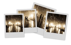 Four photos with couple walking at alley in night lights. Photos in old color image style.