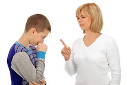 Portrait of a beautiful young woman and her son having conversation against white background