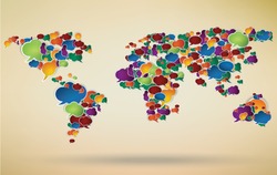abstract illustration of social network around the world represented with speech bubbles