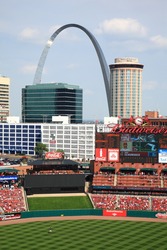 ST. LOUIS - SEPTEMBER 18: The Cardinals scoreboard and the Gateway Arch are seen from Busch Stadium before a game between the Cardinals and Padres, on September 18, 2010 in St. Louis, MO