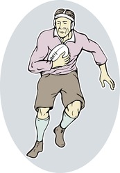 illustration of a japanese rugby player running with ball done in cartoon style