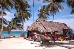 native bamboo house with molas for sale panama San Blas Island of the Kuna Indians Caribbean Sea Panama Central America
