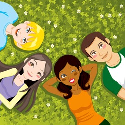 Four multi ethnic boys and girls friends resting happy together lying outdoors on a clover field