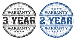 Blue and black grunge rubber stamps with the text three year and two year warranty written inside the stamps