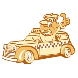 Taxi with retro or vintage style cartoon character driver holding his thumb up.