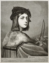 Old engraved reproduction of a portrait painted by Raphael in Sciarra Palace, Rome. Created by Staal, published on Magasin Pittoresque, Paris, 1850