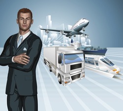 Logistics business concept background. Businessman, aeroplane truck, train, cargo ship and city.