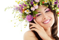 woman beauty face makeup with summer field wild flowers fresh natural isolated on white background
