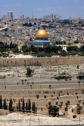 View of Jerusalem and The Dome of the Rock on the Temple Mount from the mount of Olives, Israel