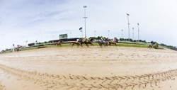 LOUISVILLE, KY - JUNE 18: Stephen Foster Day at Churchill Downs horse race track June 18, 2011 in Louisville, KY. The 2011 Alumni Day Classic Race, fisheye view