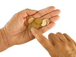 Counting small change aka coins - Euros, Eurozone crisis, poverty, hardship concept