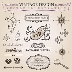 Calligraphic old elements vintage set Congratulation decor. Vector frame ornament icons vintage elements baroque logo set, Signs and Symbols. Design and page decoration. Border frames royal ornament