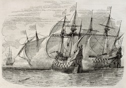 Old illustration of sea battle between French and British ships during the siege of La Rochelle. Created by Rouargue, published on Magasin Pittoresque, Paris, 1850