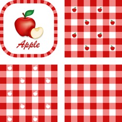 Apples and Gingham Seamless Patterns, fresh, garden fruit, illustration label tag with text, EPS8 includes 3 check pattern swatches (tiles) that will seamlessly fill any shape.