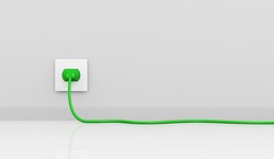 one wall with an electric plug and a cable of green color (3d render). some empty space for further personalization