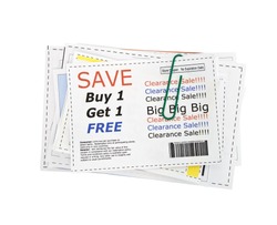 Completely fake store coupons. Fictional bar codes. All coupons were created by the photographer. No real ads were used.