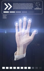 Technology scan man's hand for security or identification. Hand with scanner and computer interface