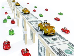 Golden cars driving on a bridge made of money and usual cars below . 3d rendered. Isolated on white background.