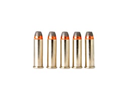5 different bullets in stainless shell casing for 38 revolver handgun, studio shot