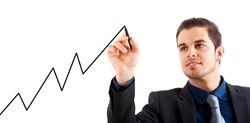 Businessman drawing a rising arrow, representing business growth.