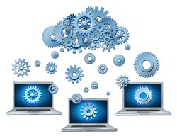 Cloud computing symbol represented by a cloud made of gears and cogs raining down on laptop computers that are connected to the virtual servers.
