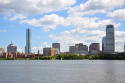 Boston Back Bay Skyline John Hancock Tower and Prudential Center, viewed from Cambridge, Massachusetts