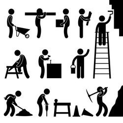 Man People Working Construction Carrying Building Industry Painting Sawing Hard Labor Pictogram Icon Symbol Sign