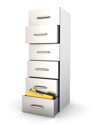 3D rendered Illustration. A filing cabinet containing documents. Isolated on white.
