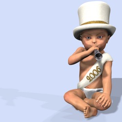 New Year baby in a diaper, hat, and 2006 sash blowing a noise maker. On a baby blue background.