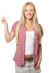 Beautiful smiling blond female in casual holding blank card over white background
