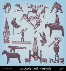 Engraving vintage acrobats from "The Complete encyclopedia of illustrations" containing the original illustrations of The iconographic encyclopedia of science, literature and art, 1851.