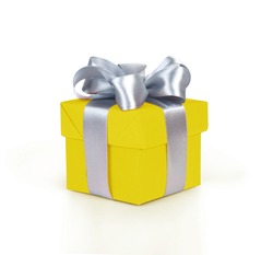 yellow gift box with silver ribbon and bow isolated on white