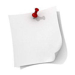 White note paper with red push pin isolated on white background with shadow