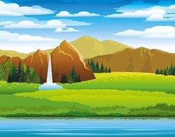 Green landscape with meadow, mountains and waterfall on a cloudy sky background