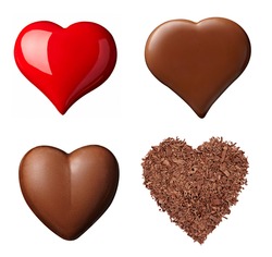 collection of various chocolate heart shapes on white background. each one is shot separately
