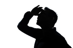 one caucasian man portrait looking up forward gesture mouth open silhouette in studio isolated white background