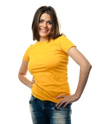 Young woman portrait isolated on white background. Closeup casual style studio shoot. beautiful face of white model with brown hair.