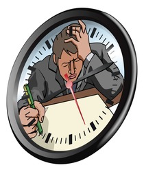 Conceptual piece. A man looking very stressed and under pressure working in clock face