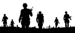 Editable vector foreground of silhouettes of walking soldiers on patrol with figures as separate elements