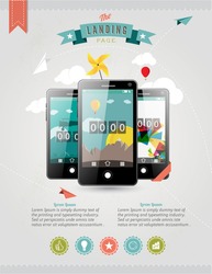Vector Web Landing Page or Advertising Template with three touchscreen mobile phone devices and various icons