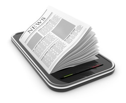 Business newspaper on smart phone. Mobile device concepts 3D. isolated on white