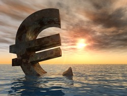 High resolution conceptual rusty metal euro symbol or sign sinking in water or sea as a metaphor or concept for crisis in Europe, with a sky at sunset ideal for financial,business or currency designs