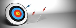 Target and arrow over a gray background horizontal banner. the blue arrow hit the center of the target and the red ones failed to reach their goal